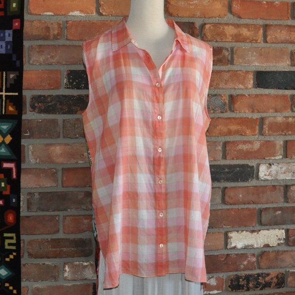 JOHNNY WAS 3J Workshop Sleeveless Blouse Silk Cotton Floral Sheer Plaid Tunic M - Picture 4 of 7